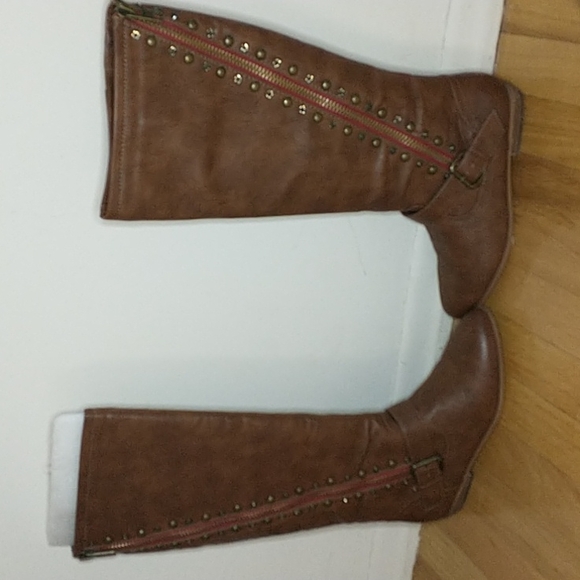 Not rated "mockingbird" tan/brown faux leather knee high studded boots - Picture 6 of 11